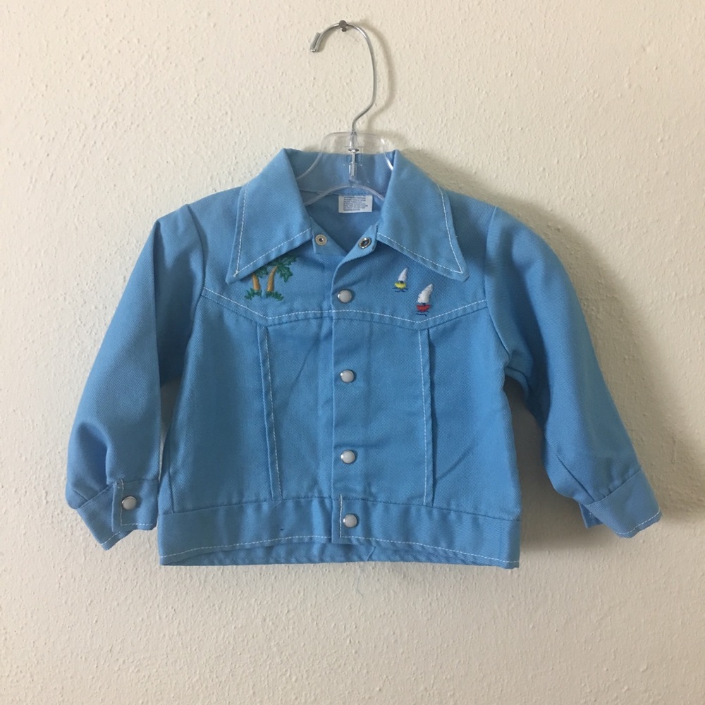 Vintage 1970s Blue Jean Jacket w/ Beach Scene